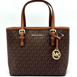 Michael Kors Jet Set Travel Extra-Small Logo Top-Zip Tote Bag Brown Signature
